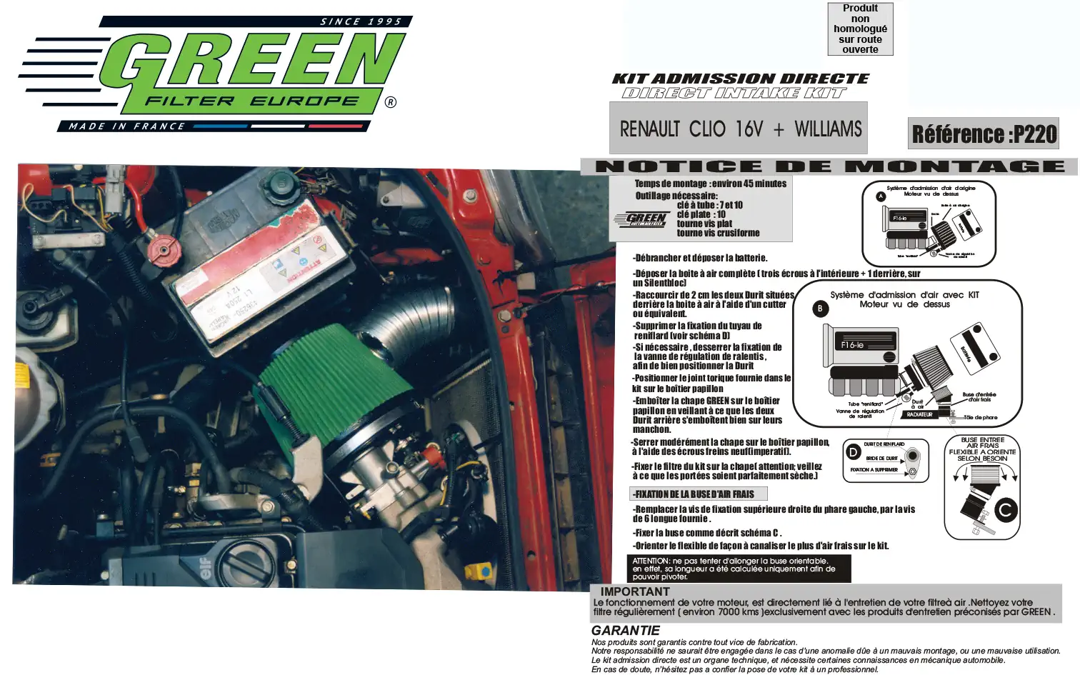 Direct intake kit Renault Clio I 1.8L 137Hp 91>94